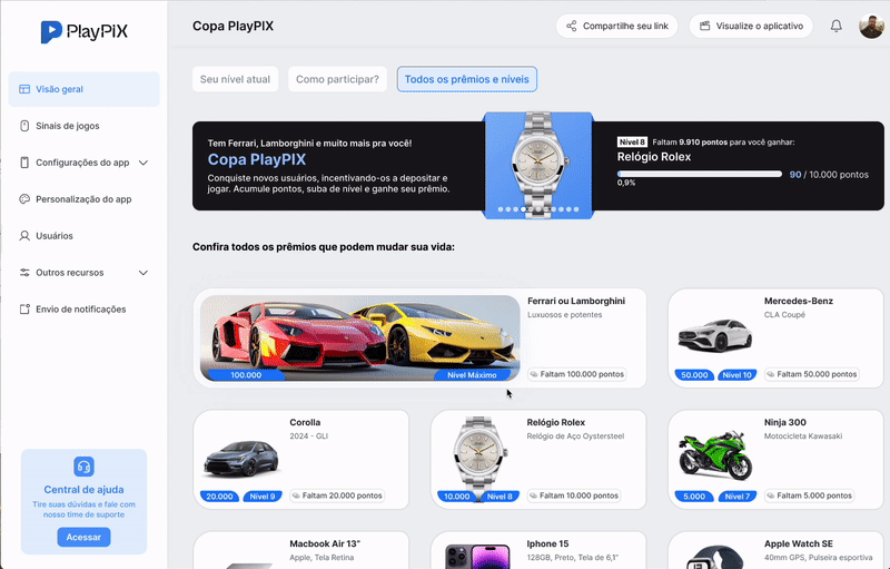 Página animada de prêmios e níveis da Copa PlayPIX