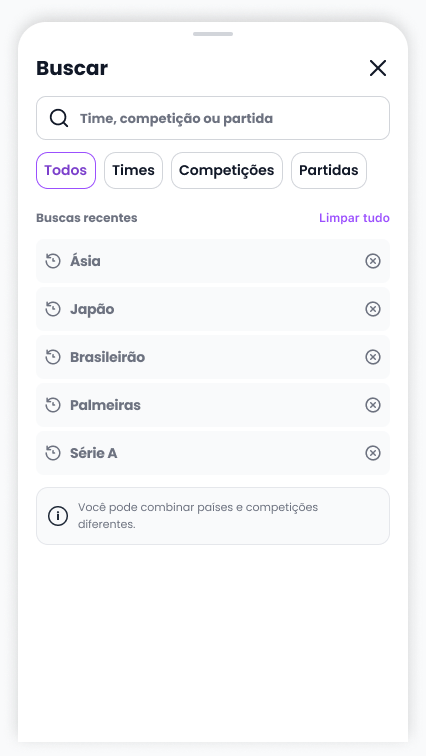 Busca global com categorias e buscas recentes